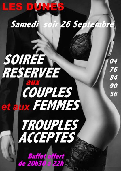Sam 26/09 2026 20:30 Soiree Reservee aux Couples et aux Femmes